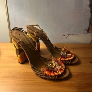 Brand New Aquazurra Brown Suede Strappy Heels with Colourful Embroidered Heel